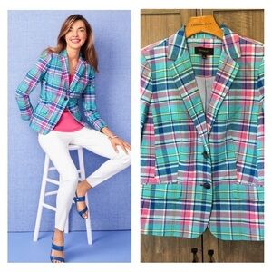 Talbots size 6 Blazer Madras two button sunshine plaid cotton linen Jacket